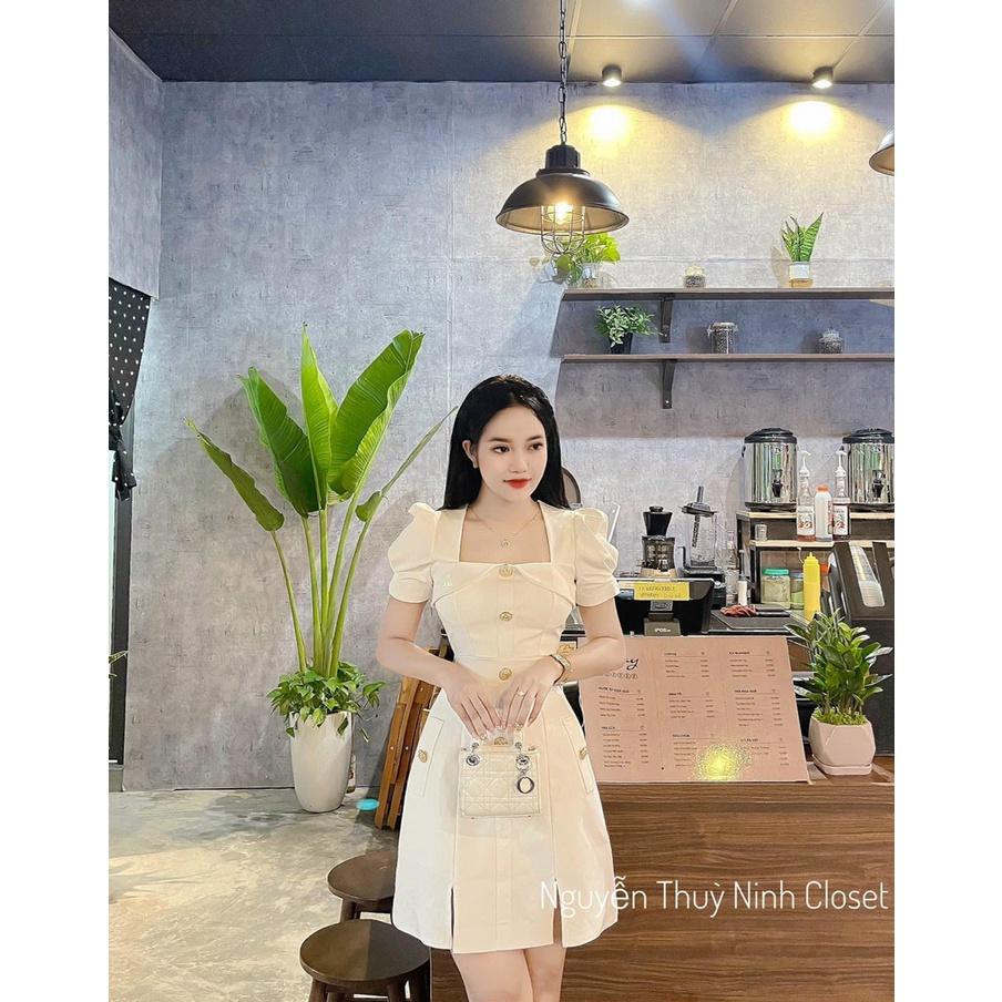 Đầm nữ tay phồng cổ vuông đính nút có mút ôm dáng gọn gàng