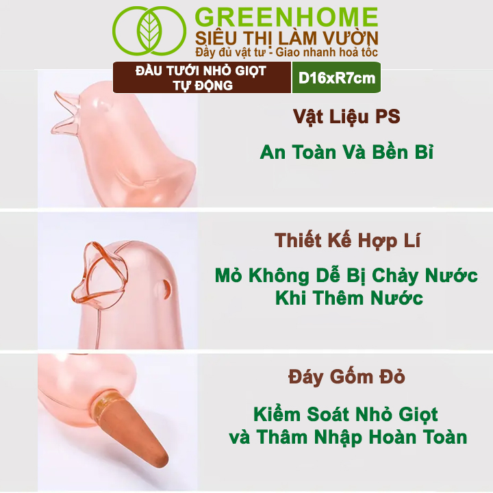 Đầu Tưới Nhỏ Giọt Tự Động GreenHome, D16xR7cm, Hình Con Chim, Tự Tưới Trong Thời Gian Dài, Tiện Dụng