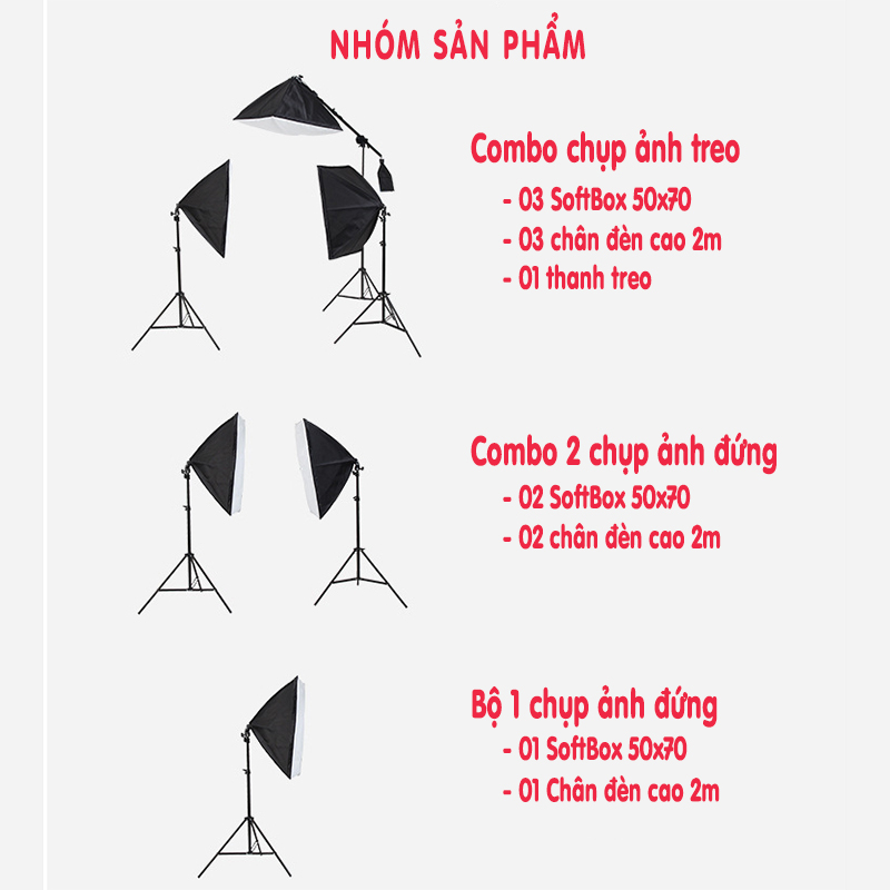 Bộ chân đèn TREO Chụp Ảnh Sản Phẩm, Studio, quay phim, Livestream chuyên nghiệp, gồm 01 chân đèn cao 2m kèm 01 Softbox 50x70cm + 01 thanh treo kèm đầy đủ phụ kiện dây cắm và công tắc đèn, túi cát đối trọng ( không kèm bóng)