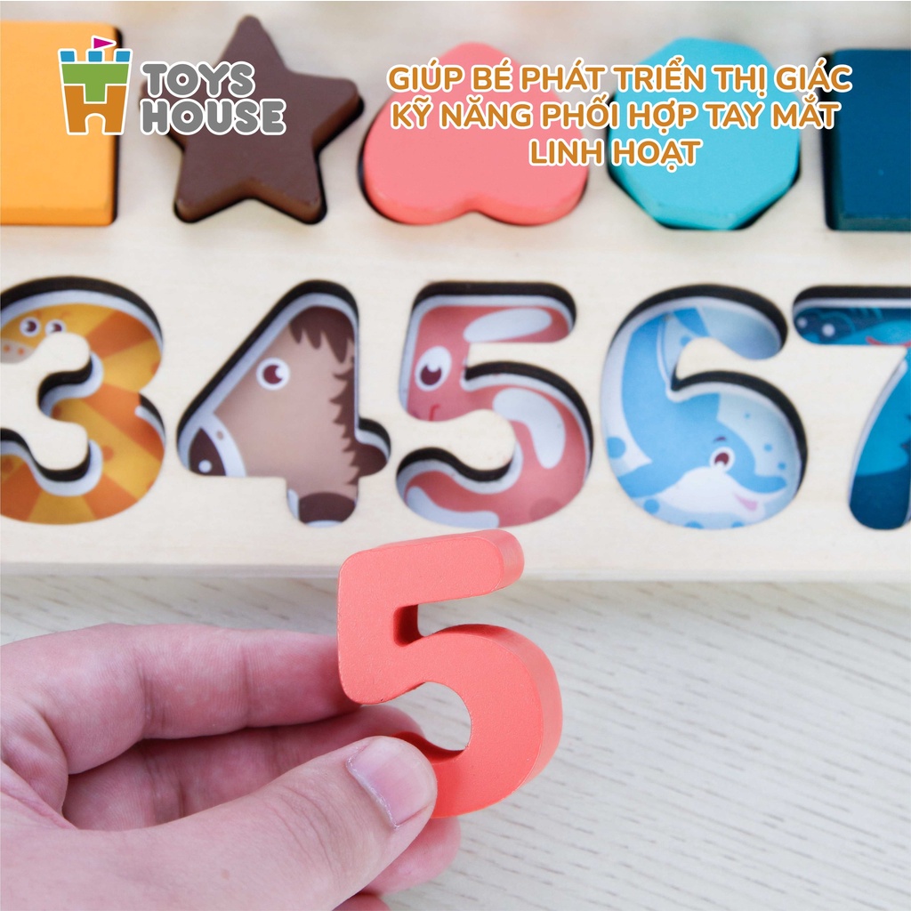 Đồ chơi gỗ lắp ghép cho bé, bảng học chữ số, hình khối và tập đếm giáo dục sớm cho trẻ Toyshouse 574