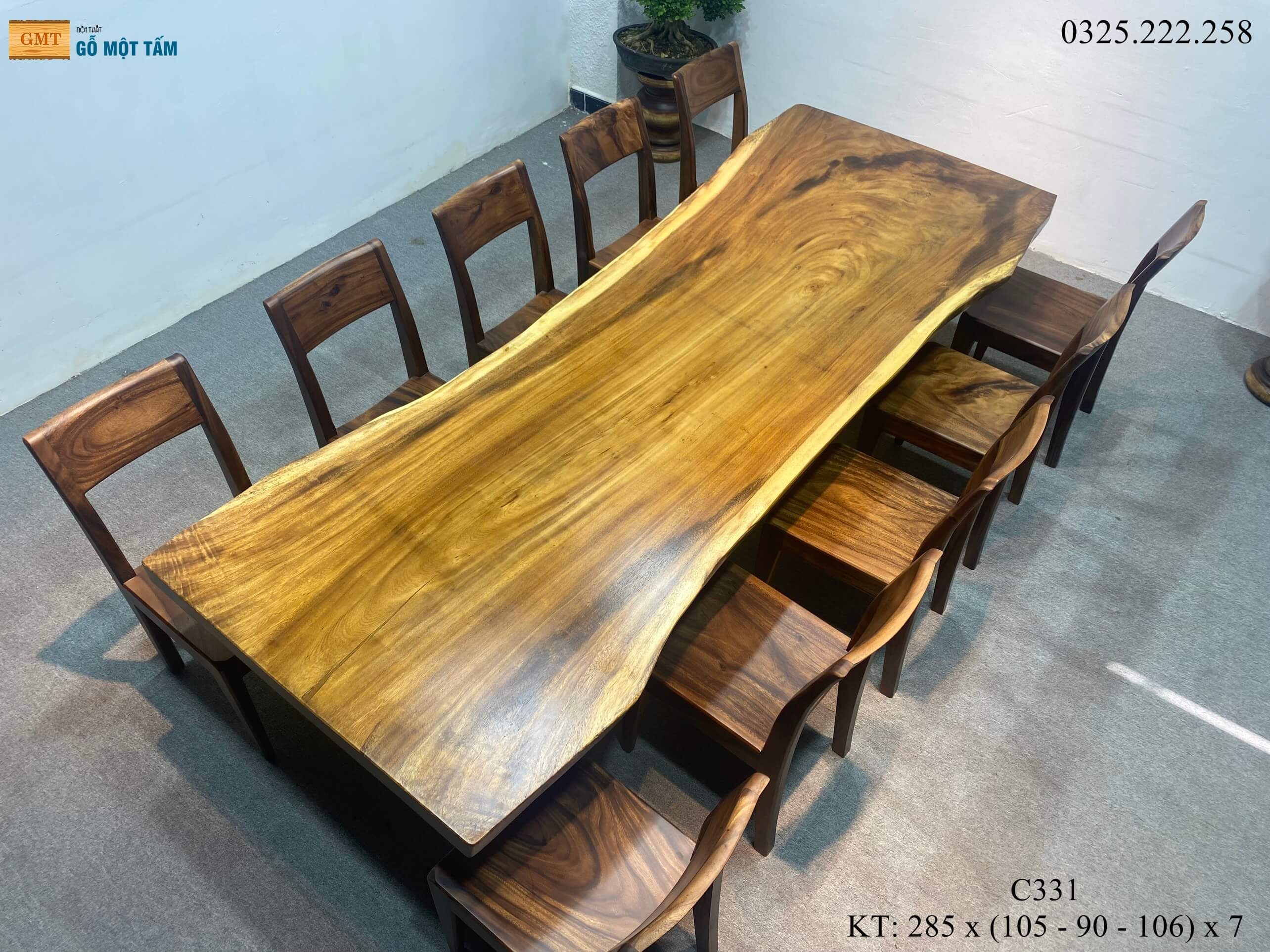 Bàn Sân Vườn Gỗ Me Tây, Bàn Ăn Gỗ Me Tây, Bàn Gỗ Me Tây Nguyên Tấm Dài 2,85m Rộng 1,06m Dày 7cm