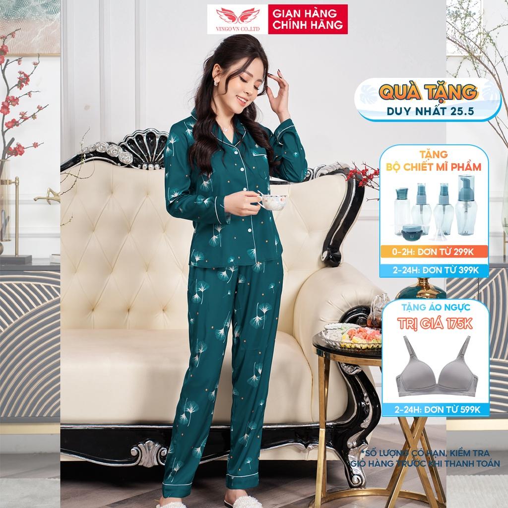 Đồ Bộ Ngủ Nữ Pijama Mặc Nhà VINGO Lụa Pháp Cao Cấp Tay Dài Quần Dài Họa Tiết Lá Ngân Hạnh Sang Chảnh H592 VNGO