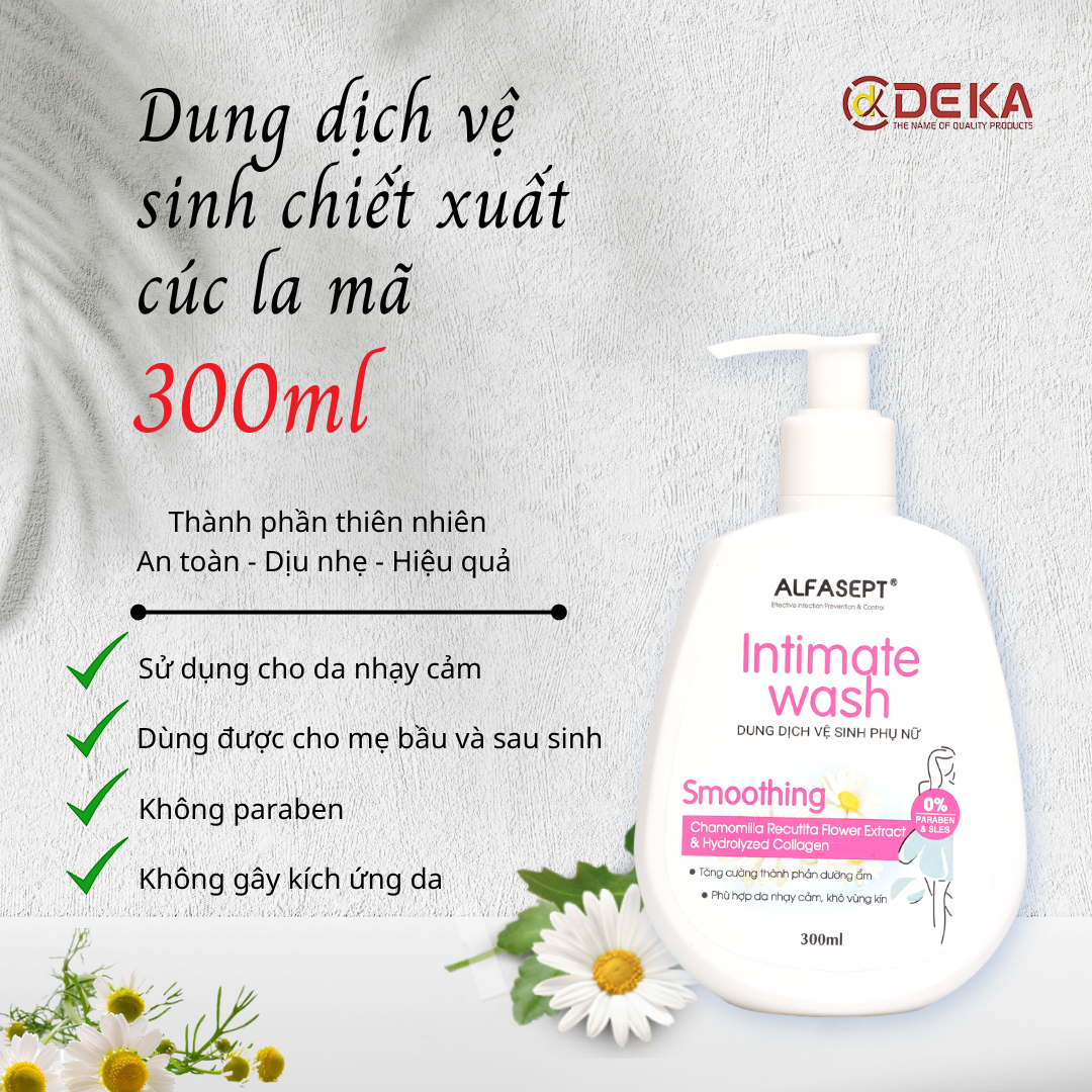 Dung Dịch Vệ Sinh Phụ Nữ Dạng Gel ALFASEPT Intimate Wash Smoothing Chiết Xuất Cúc La Mã Dịu Nhẹ - Tăng Cường Dưỡng Ẩm Chống Khô Rát Chai 150ml/300ml