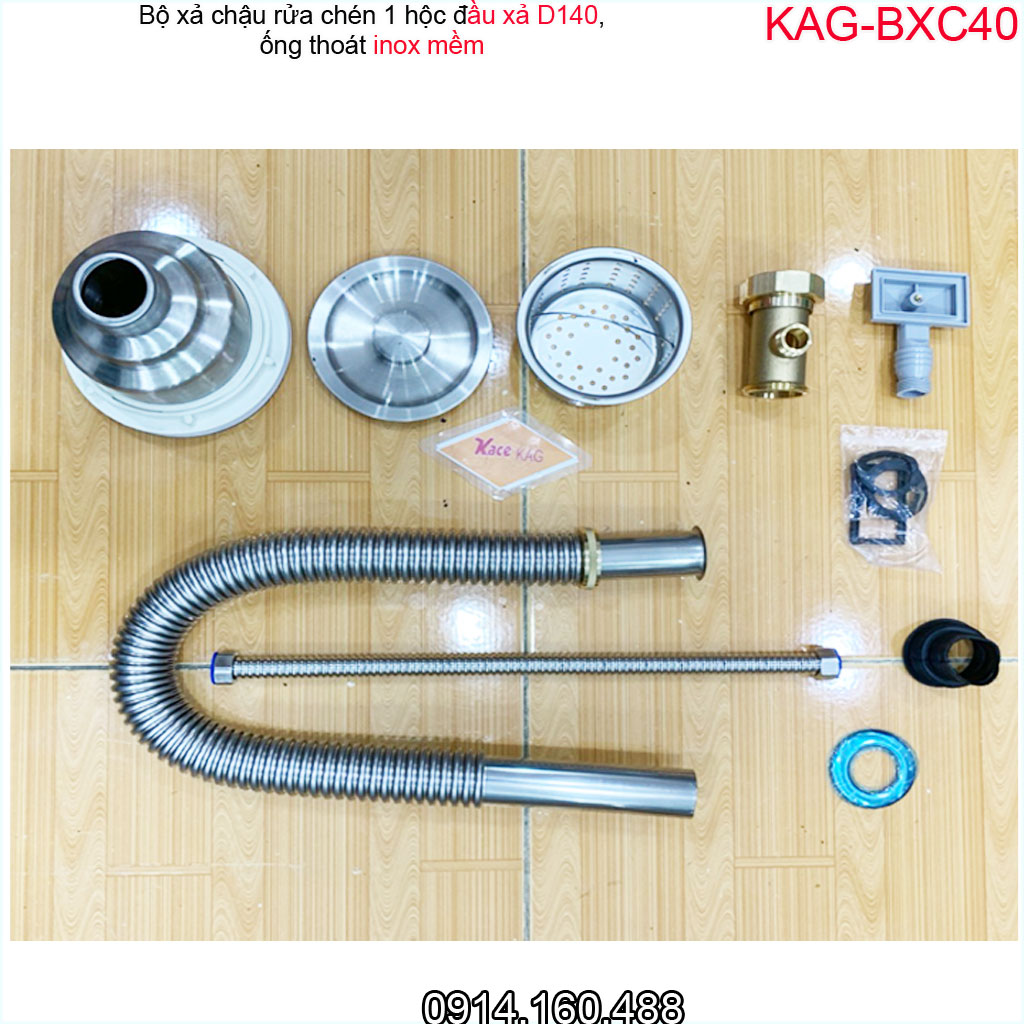 Bộ xả chậu rửa chén 1 hố inox 304 KAG-BXC40 chậu lỗ thoát D140, bộ ống thoát bồn rửa bát 1 hộc to chất liệu SUS304 siêu bền thoát nước nhanh sử dụng tốt