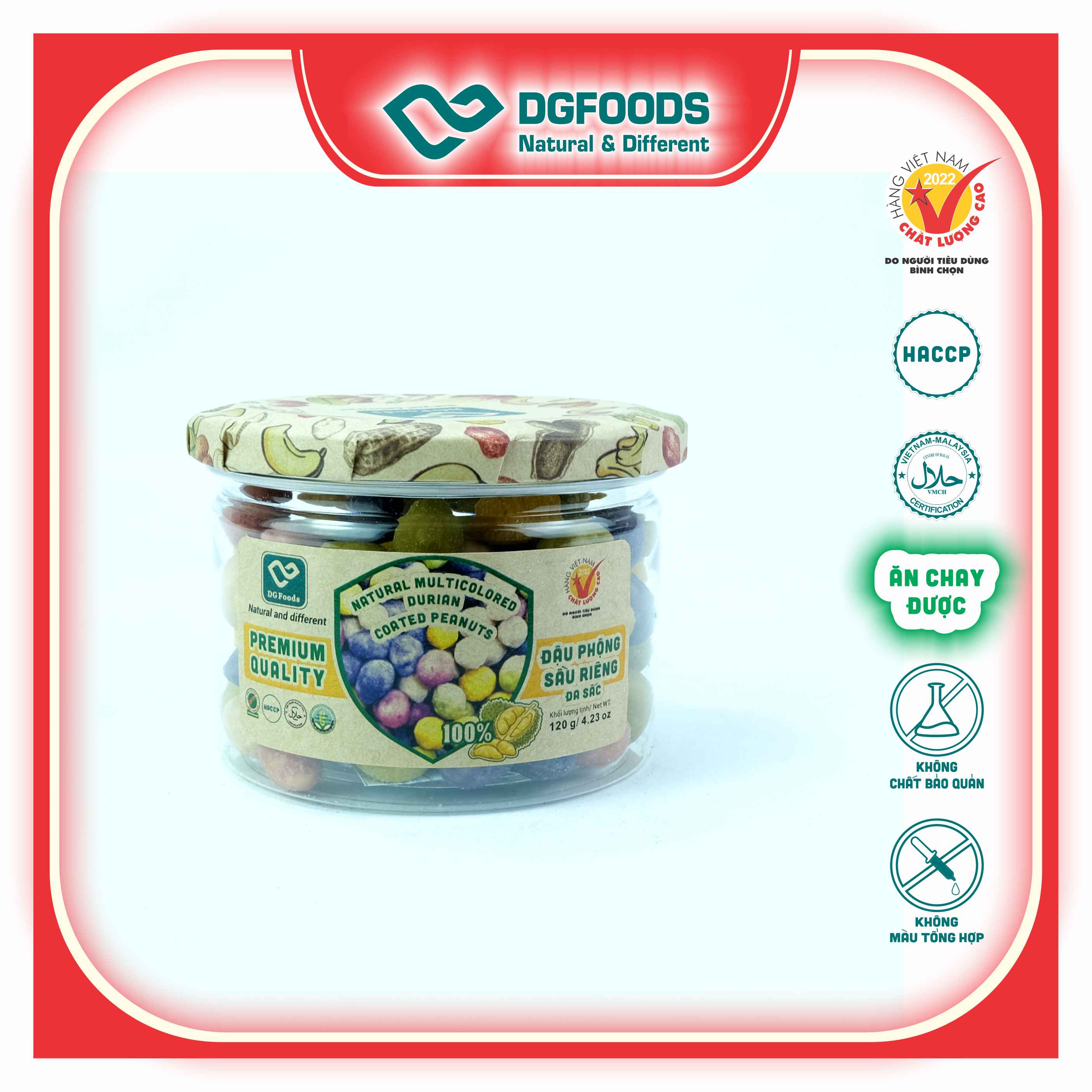 Đậu Phộng Sầu Riêng đa sắc DGfoods 120g/ Natural multicolored durian coated peanuts/ Hũ nắp nhôm, HVNCLC, Haccp, Halal, Ăn chay, Ăn kiêng, Đặc sản Cần Thơ, quà tặng, quà Tết, hạt dinh dưỡng