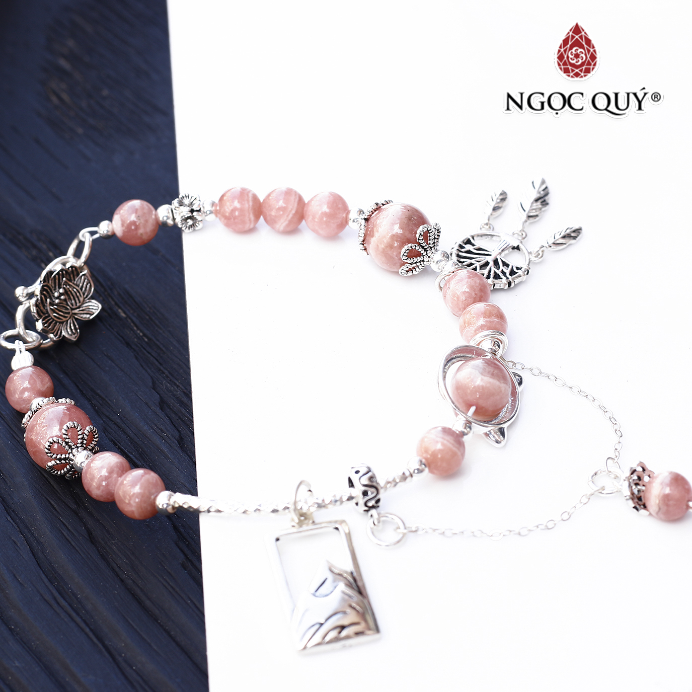 Vòng tay đá đào hoa rhodochrosite 8mm phối charm deamcatcher bạc 925 mệnh hỏa , thổ - Ngọc Quý