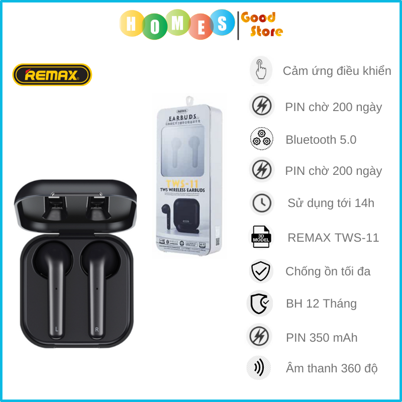 Tai nghe True Wireless Remax TWS-11 Cao Cấp, Thời Gian Nghe 14 Tiếng, Bluetooth 5.0, Âm Thanh 360 Độ - Hàng Chính Hãng