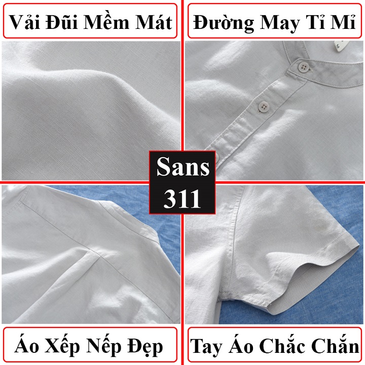 Áo sơ mi nam ngắn tay Sans311 chất linen đũi trơn nhẹ thoáng mát đẹp cổ tàu trụ trắng xanh dương xám nhạt than be