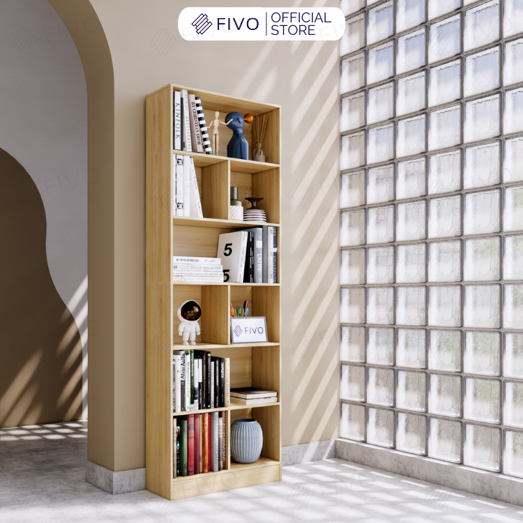 Kệ Sách Gỗ Đứng Chất Liệu MDF FIVO FB70 60 x 24 x 179cm Lắp Ráp Dễ Dàng Có Tấm Lưng Phía Sau – Hàng Chính Hãng – Màu Vân Gỗ Nhạt