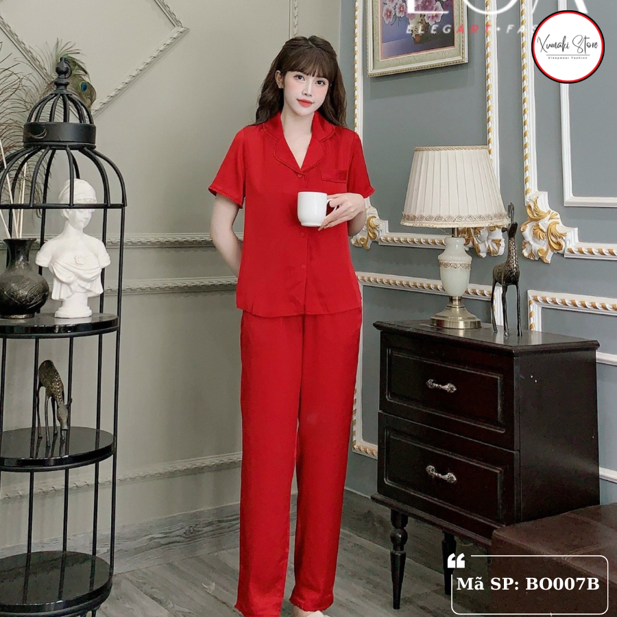 Bộ pijamas nữ áo cộc quần dài nhiều màu trơn chất lụa Xumaki Store BO006B