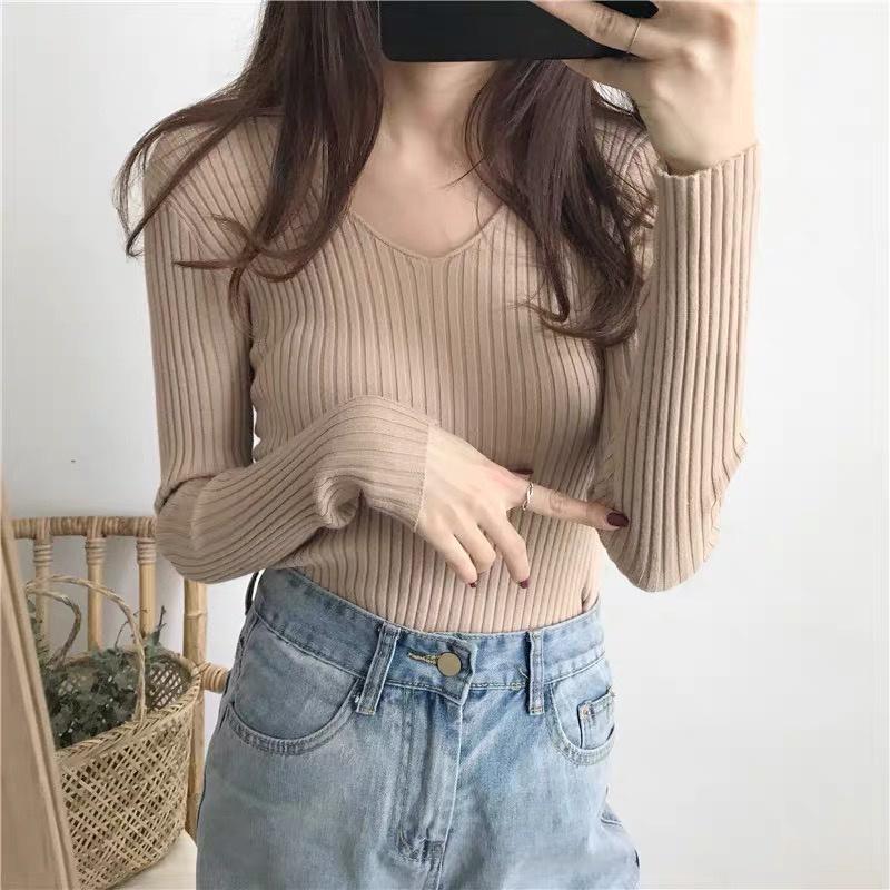 Áo len gân tay dài kiểu cổ tim trễ vai dáng ôm dệt kim len dày dặn hàng Quảng Châu cao cấp trẻ trung