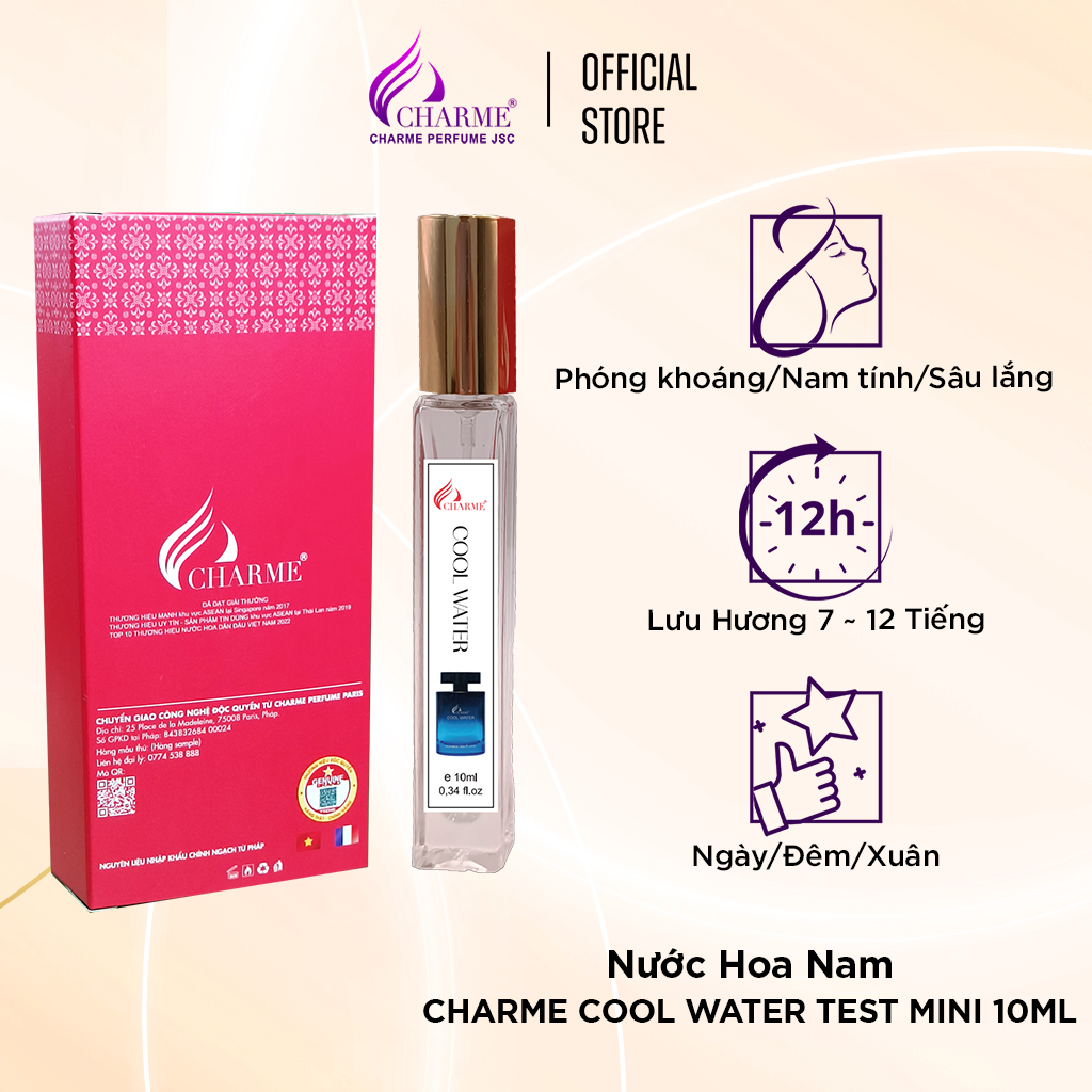 Nước hoa nam chính hãng, Charme Cool Water, chai Test mini, lưu hương lâu, hương thơm mạnh mẽ thanh lịch, 10ml