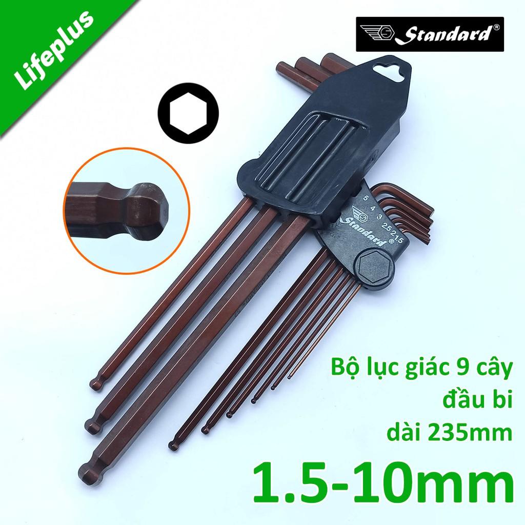 Bộ lục giác 9 cây đầu bi 1.5-10mm Standard xi NÂU dài 235mm