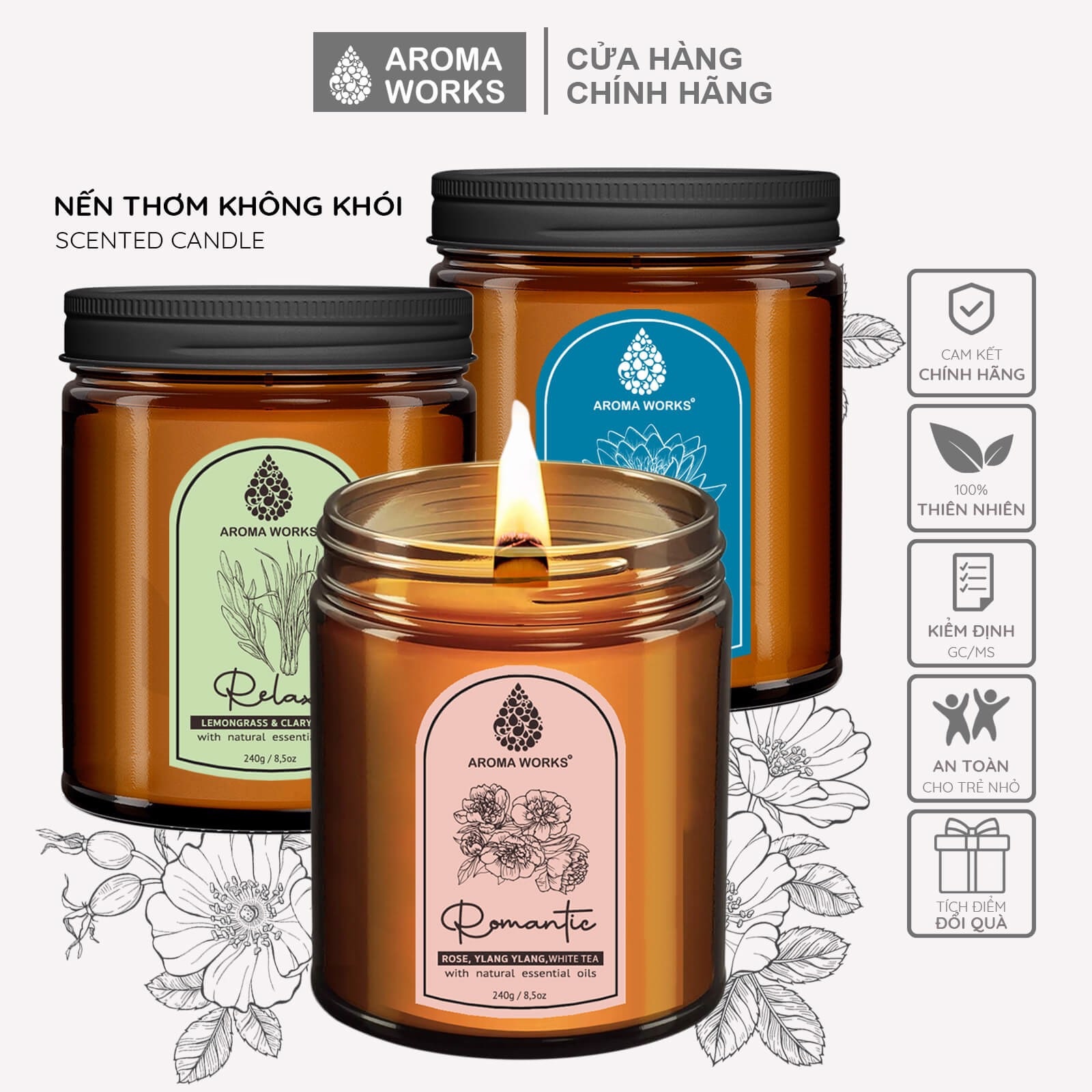 Nến Thơm Tinh Dầu Aroma Works liệu pháp mùi hương giúp dễ ngủ, thư giãn, thoải mái, lãng mạn, thiền, tăng năng lượng 240g