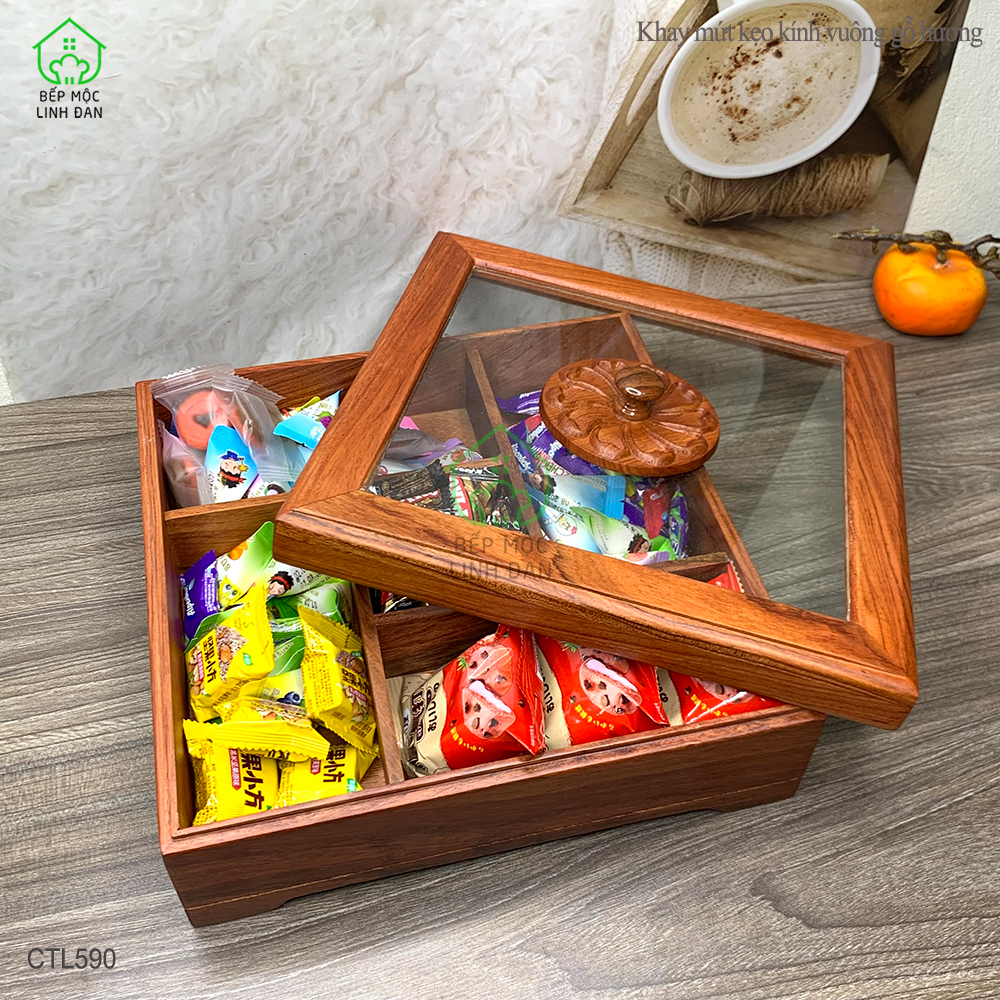 Khay gỗ Hương đựng bánh kẹo, mứt Tết - Hình vuông nắp kính cỡ lớn, mẫu mới nhất - CTL590