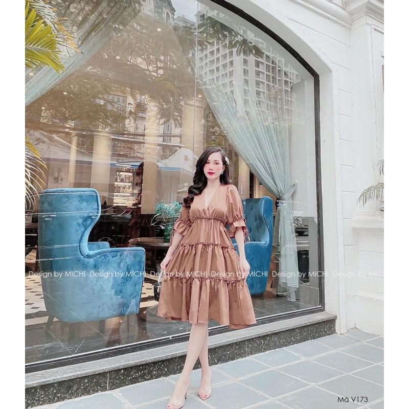 Váy suông dự tiệc babydoll cổ V, dáng xuông xòe dễ thương, freesize, đầm thiết kế tay phồng bo chun - Michi's House