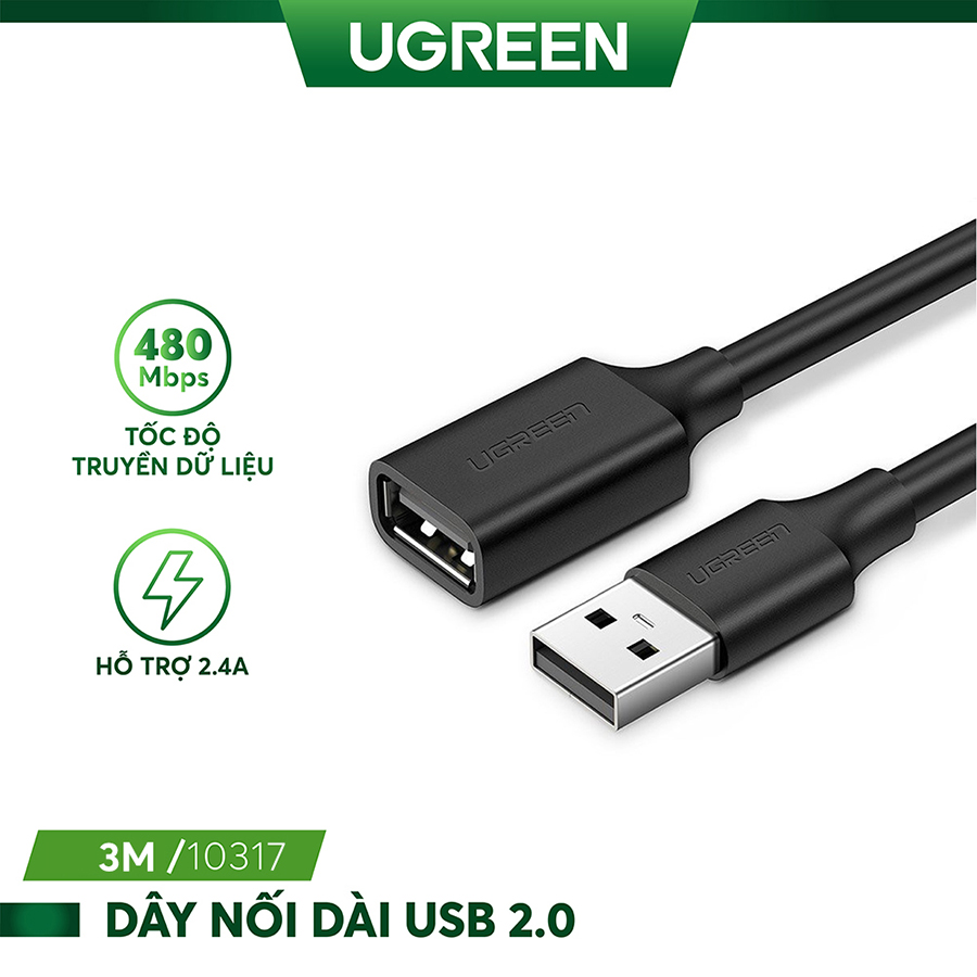 Dây Nối Dài USB 2.0 (1 đầu đực, 1 đầu cái) Dài 3m UGREEN US103 10317 (Mạ Bạc/Mạ Vàng) - Hàng Chính Hãng