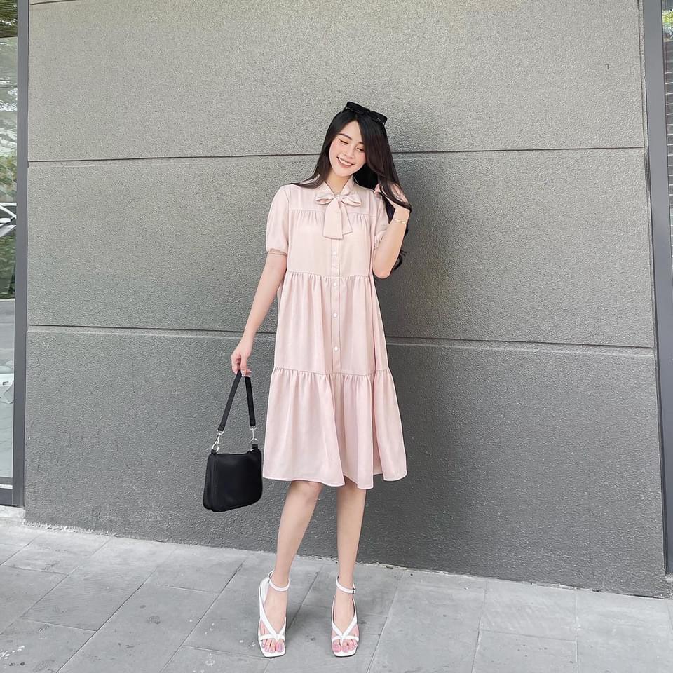 ĐẦM DỰ TIỆC BABYDOLL LỤA 2 LỚP CỔ CỘT NƠ DÁNG XÒE TAY LỠ