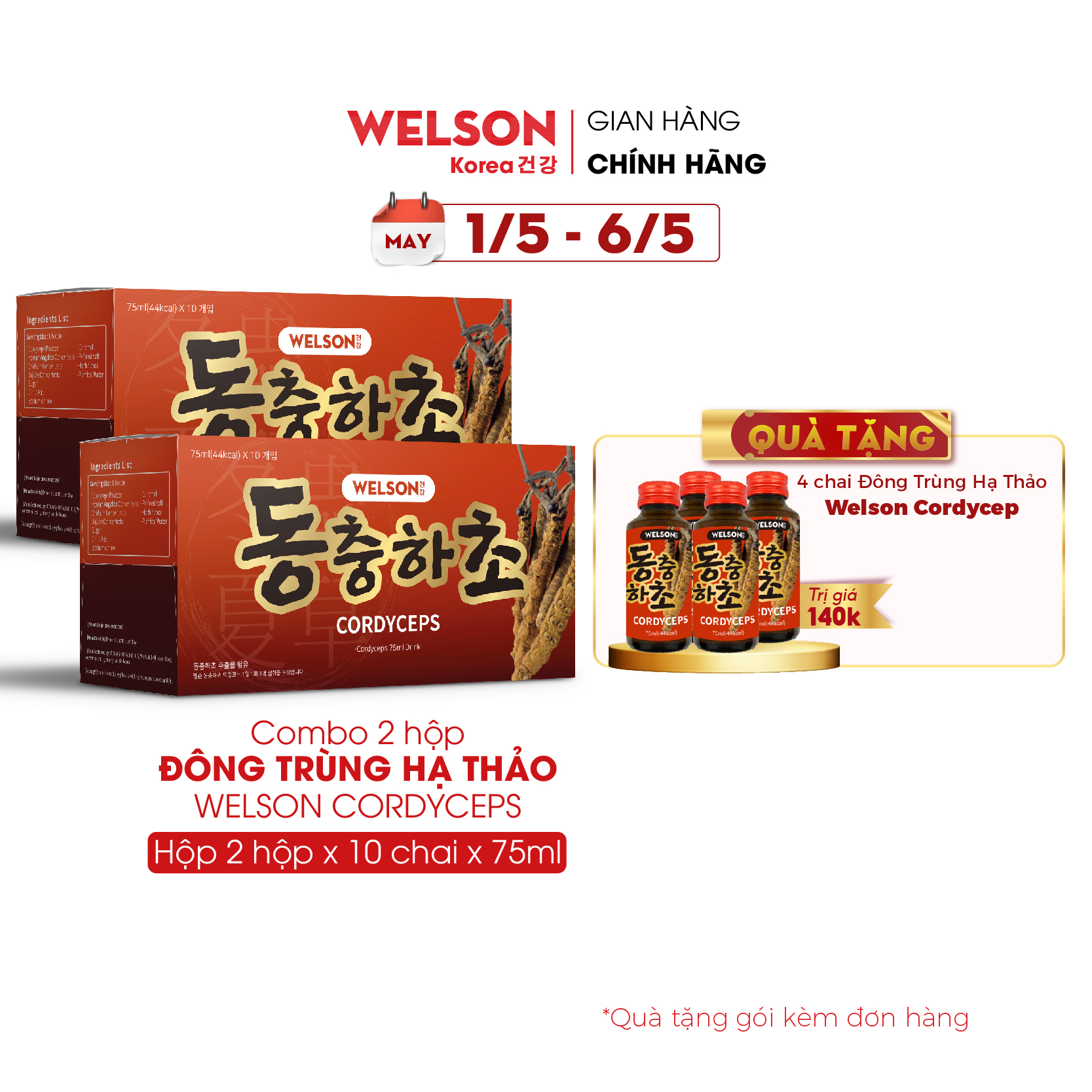 Combo 2 Hộp Nước Uống Đông Trùng Hạ Thảo Welson Cordyceps 2 x10 Chai x 75 ml