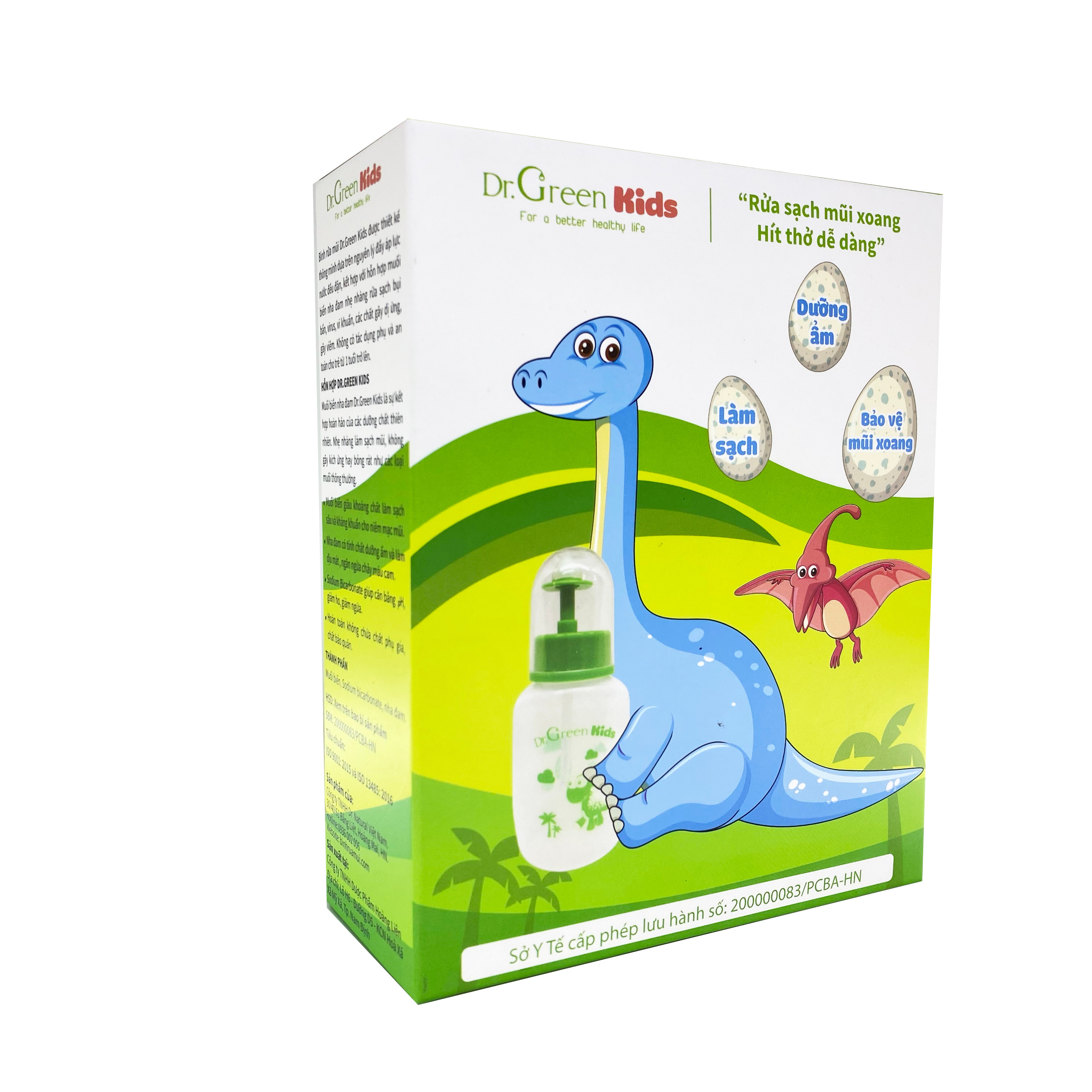 Bình rửa mũi cho trẻ Dr.Green Kids, kèm 30 gói muối rửa mũi, dung tích 180ml, đầu rửa silicon mềm mại, phù hợp rửa mũi với trẻ em