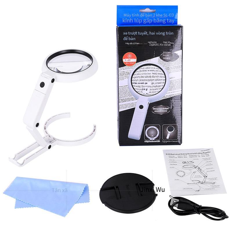 Phong cách mới nhất 90mm máy tính để bàn cầm tay có thể gập lại 8 đèn LED kính lúp cắm USB đọc sách đọc bảo trì bảng mạch 10 lần