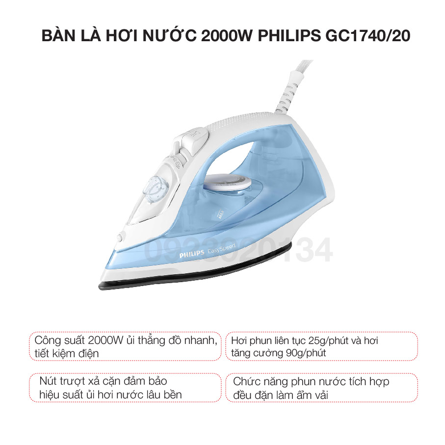 Bàn là hơi nước 2000w Philips GC1740/20 - Hàng chính hãng