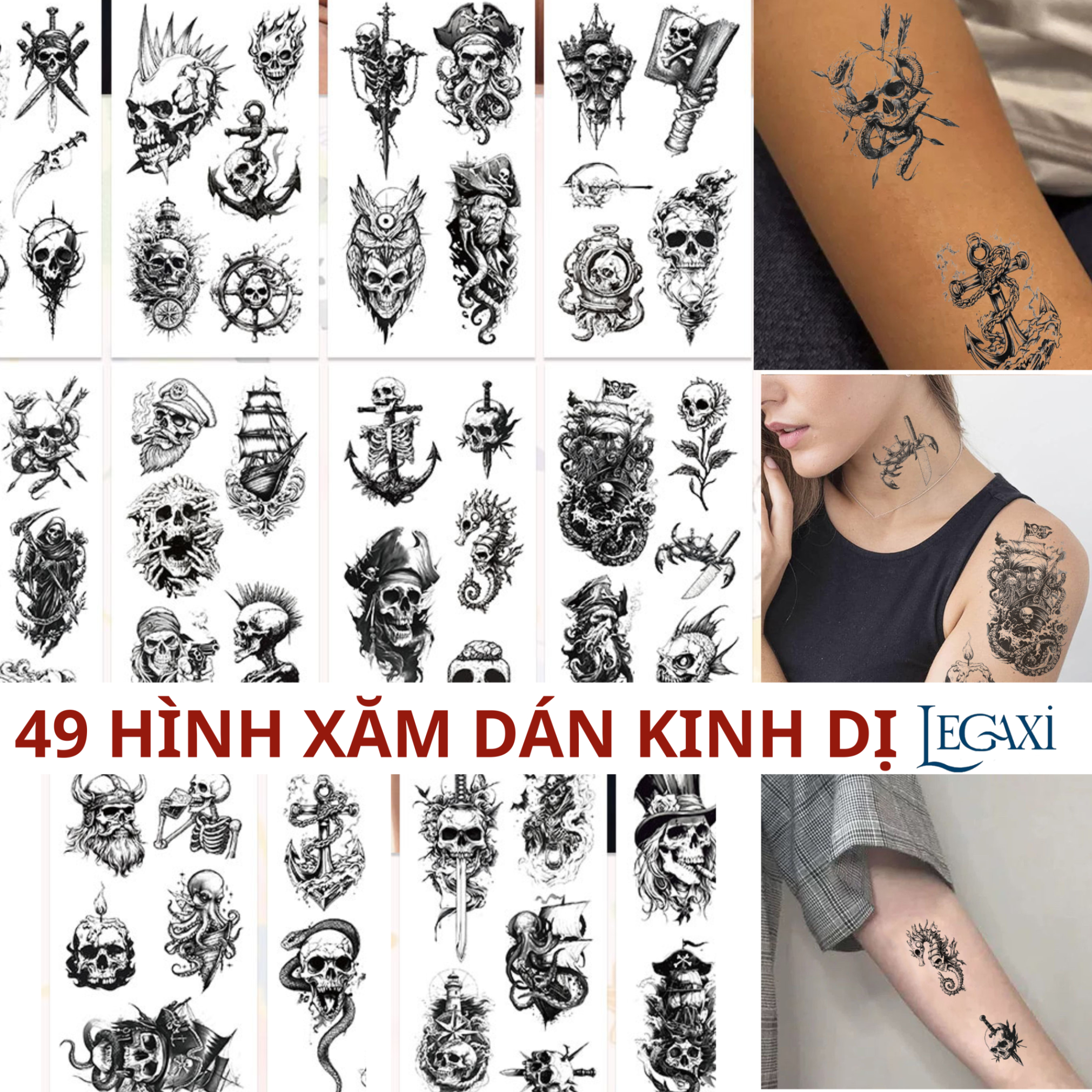 49 Hình Xăm Dán Đầu Lâu Tatto Party Halloween Hình Bánh Lái Mỏ Neo Hoa Hồng Cá Ngựa Thuyền Cướp Biển