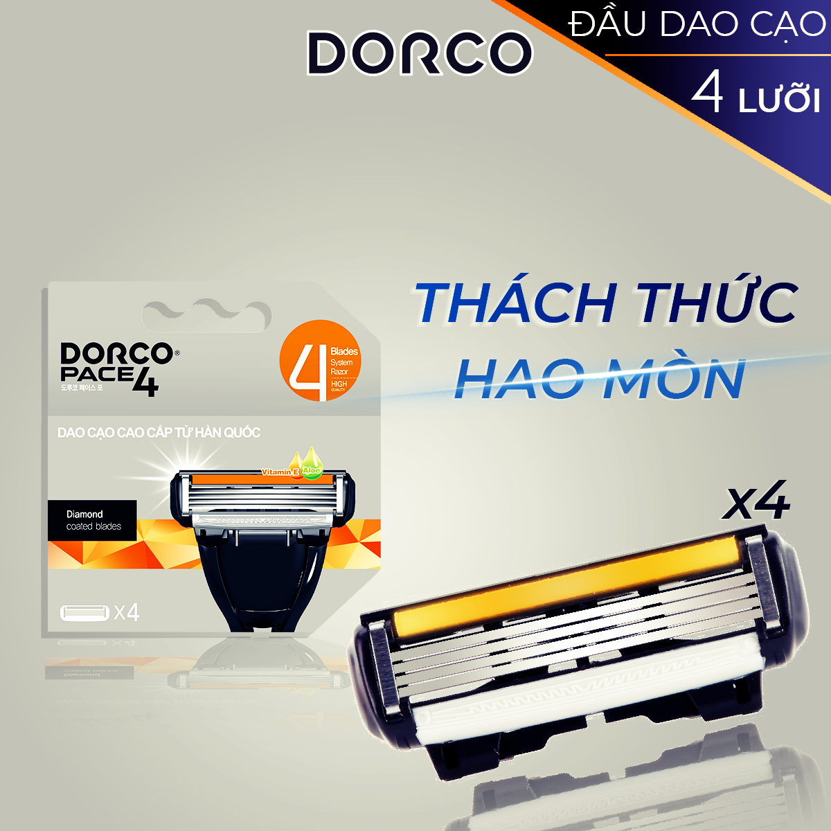 Vỉ 04 Đầu Cạo Râu 4 Lưỡi Dorco Pace 4 FRA 1040-4B + Tặng Tay Cầm Dao Cạo Râu Dorco