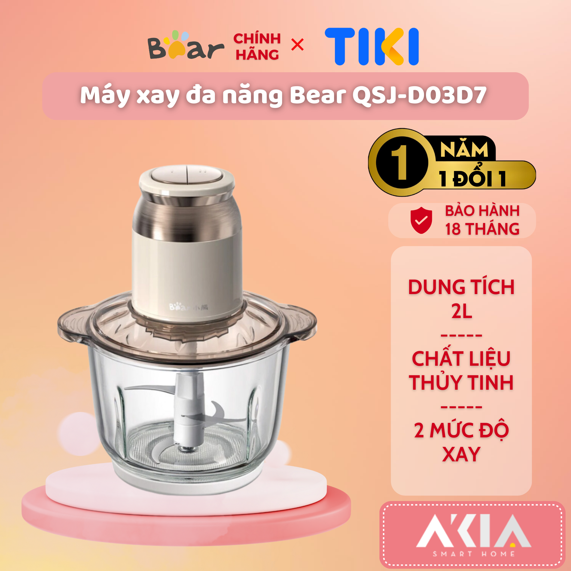 Máy xay thịt, tỏi, thực phẩm Bear QSJ-D03D7 - Dung tích 2L, 2 mức độ điều chỉnh, cối thủy tinh - HÀNG CHÍNH HÃNG