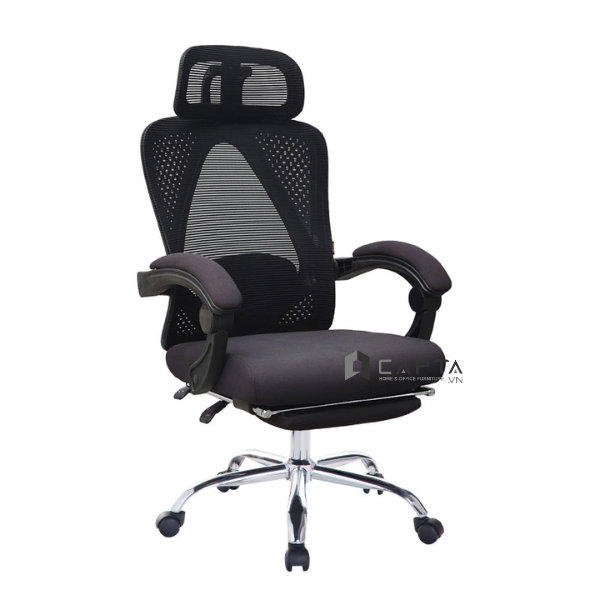 Ghế làm việc có gác chân CR4328-M Nội thất Capta Ghế văn phòng lưng lưới cao nệm vải đen khung nhựa đen tay nhựa nâng hạ độ cao chân xoay inox 201 có bánh xe tại tp hcm
