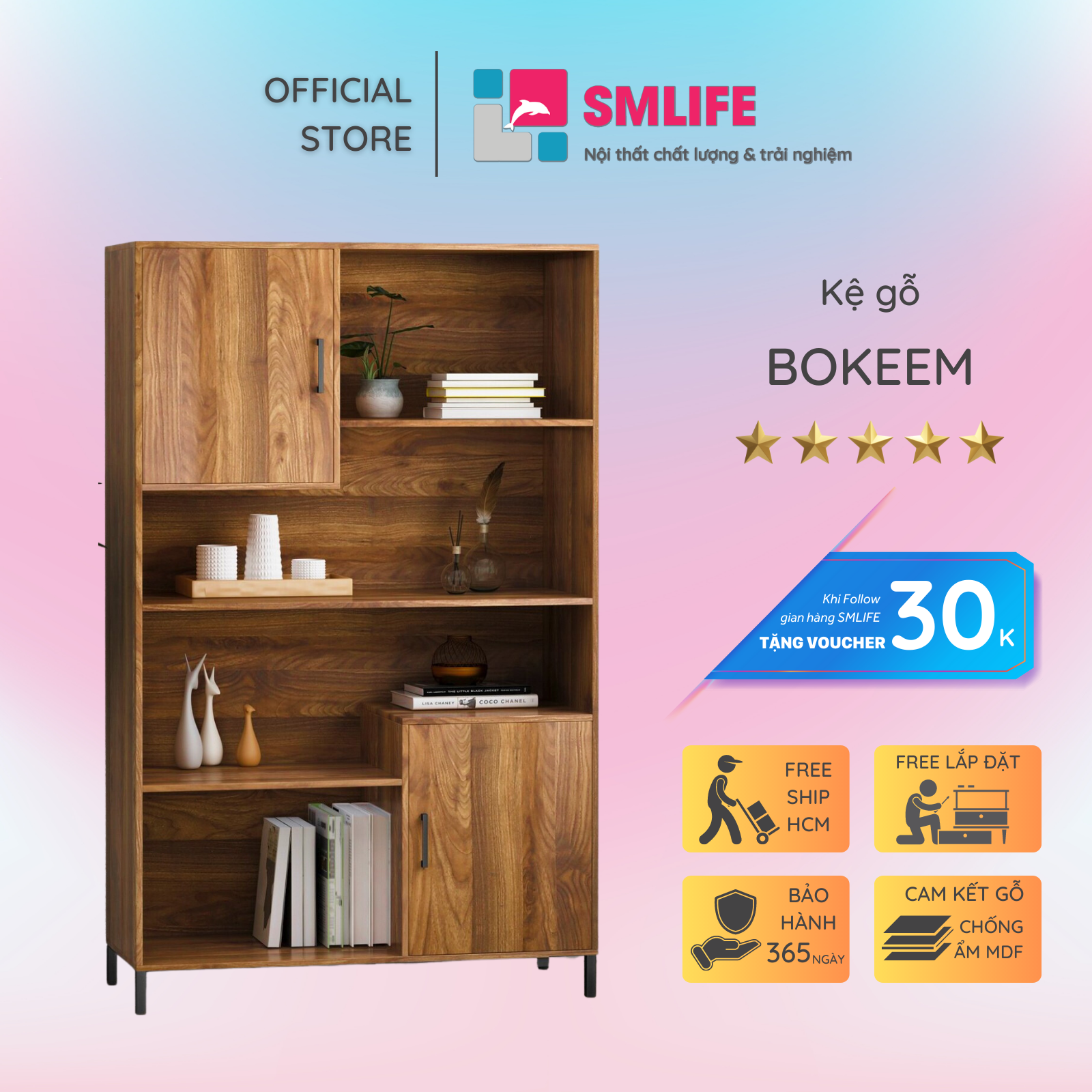 Kệ sách gỗ hiện đại SMLIFE Bokeem | Gỗ MDF dày 17mm chống ẩm | D100xR40xC160cm
