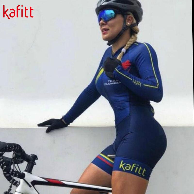 Kafitt Pro Đội Ba Môn Phối Hợp Bộ Nữ Đi Xe Đạp Áo Liền Quần Dài Tay Macaquinho Ciclismo Feminino Bộ Miếng Gel Color: kafitt20-70 Size: XXS