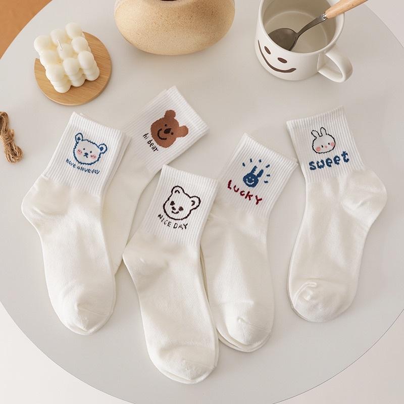 Tất cổ cao, vớ cổ cao nữ trắng họa tiết hình thú xinh xắn vải cotton co giãn thời trang Hàn Quốc tat01