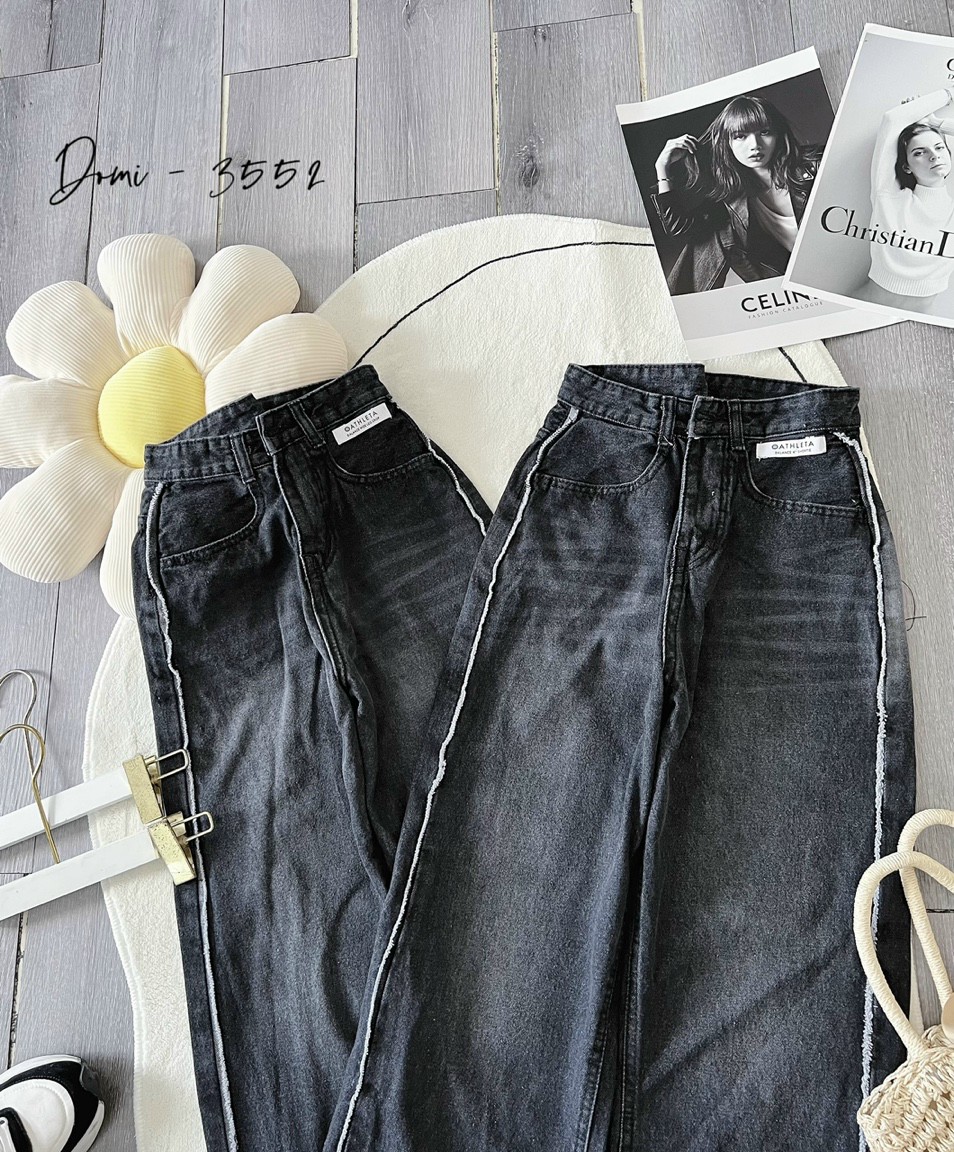 Quần jean nữ dáng suông quần baggy jean ống suông cạp cao chất bò dầy phối sọc thời trang