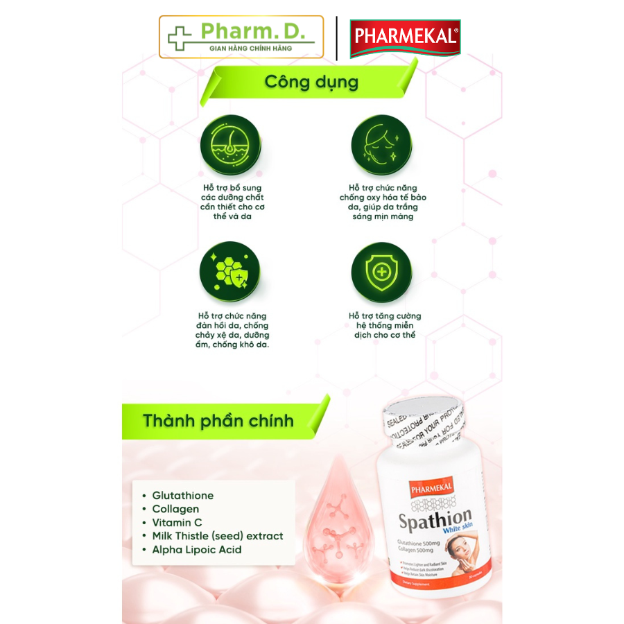 Viên Uống Trắng Da, Hỗ Trợ Điều Trị Nám Chống Oxy Hóa Spathion PHARMEKAL Dạng viên