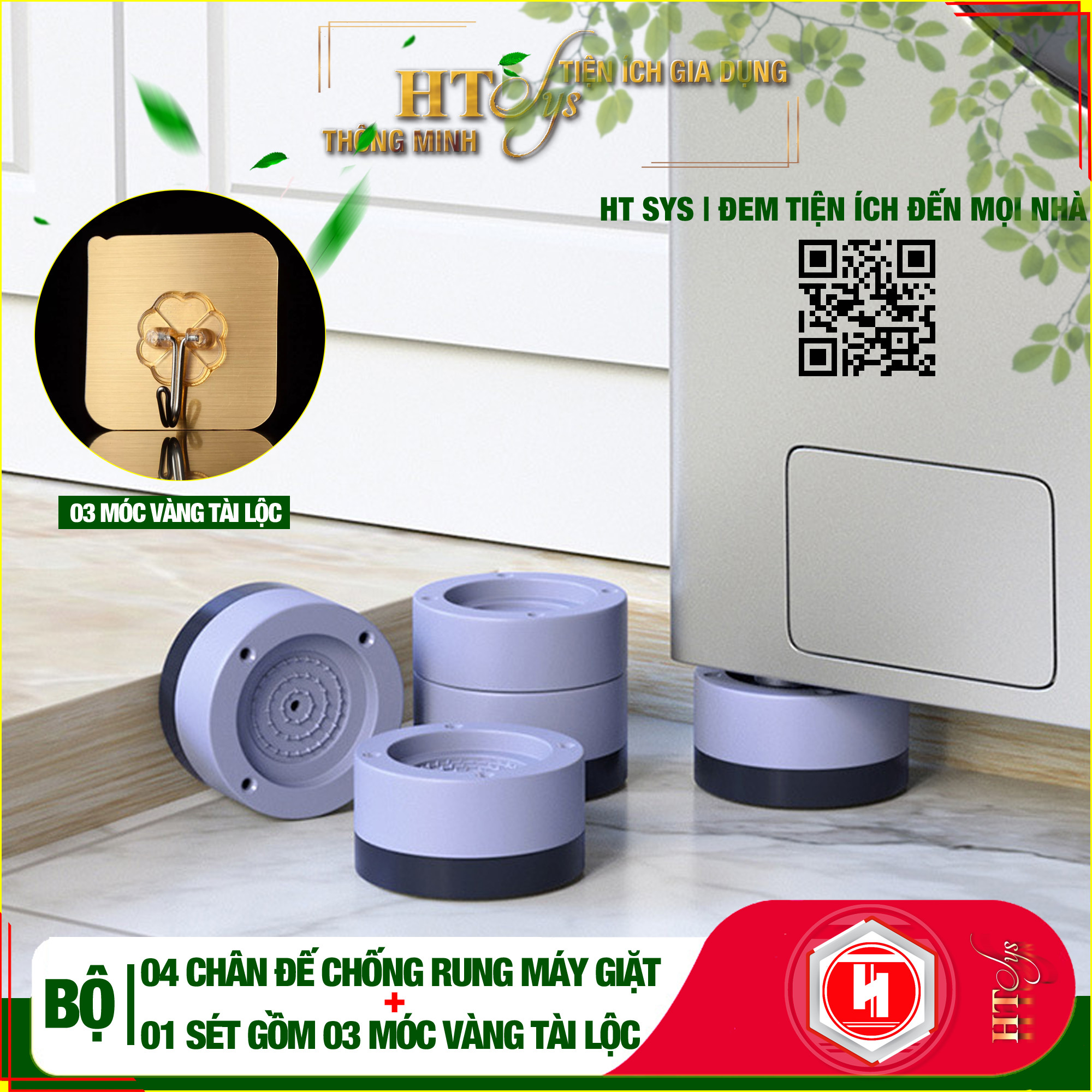 Bộ 4 chân máy giặt HT SYS - Chân đế cao su chống rung , chống ồn, chống trơn trượt cho máy giặt, máy sấy , bàn ghế + Sét móc Vàng Tài Lộc HT SYS