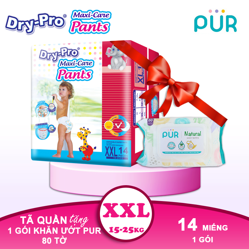 Combo Tã/bỉm quần Dry-Pro XXL14 + tặng 1 gói khăn ướt Pur 80 tờ cho bé