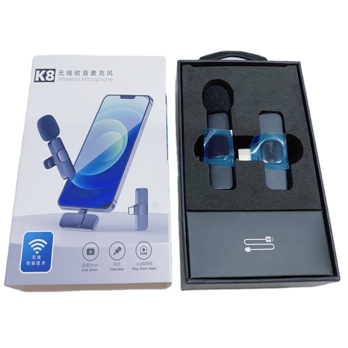 Microphone thu âm K8 không dây lọc tiếng ồn quay video youtube tiktok livestream cho iPhone và Type C