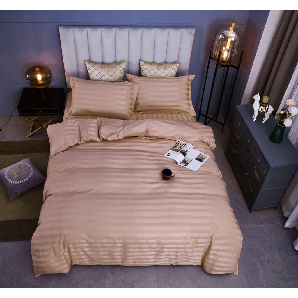 Bộ 4 Món Ga Gối SỌC 3F Vải Cotton Lụa Hàng Chuyên Cho Gia Đình Và Khách Sạn - Hồng Đậm