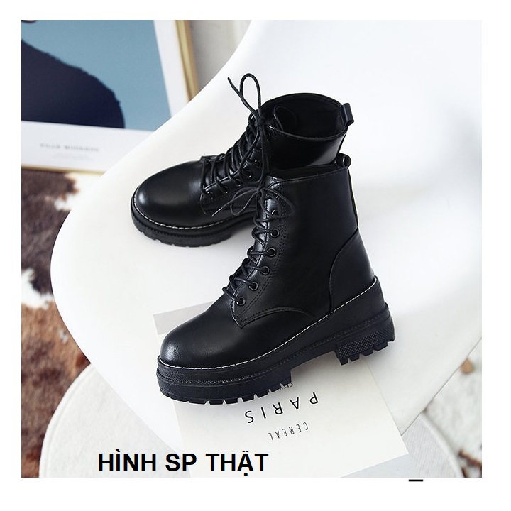 Giày combat boot, boots nữ, bốt ulzzang, bốt nữ cột dây đế viền chỉ cổ lửng cá tính S022