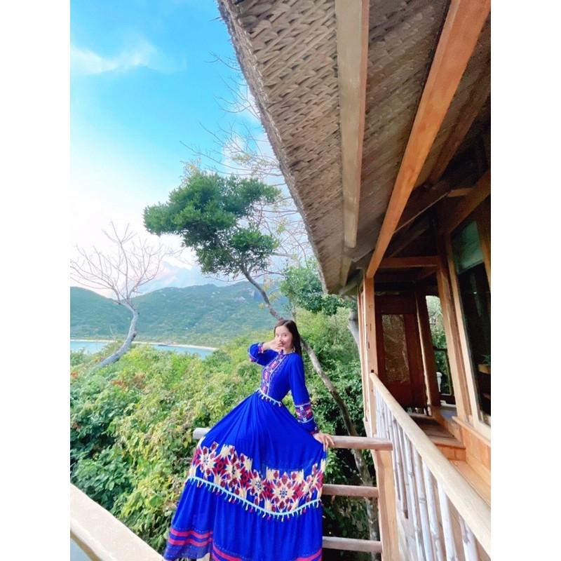 (miễn phí chỉnh váy) đầm maxi tay dài viền thổ cẩm boho du lịch chụp hình sống ảo dân tộc thiết kế cao cấp