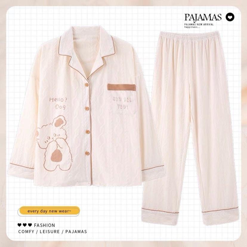 Bộ Pijama Dài Tay Có Cổ Chất Liệu Cotton Nâng Cấp Mới Nhất