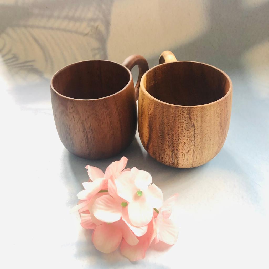Cốc Gỗ Keo Nâu Đen 7x7 cm, Có Quai Tay Cầm, Cốc Uống Trà, Cà Phê, Phong Cách Vintage, Chụp Ảnh Trang Trí Xinh Xắn