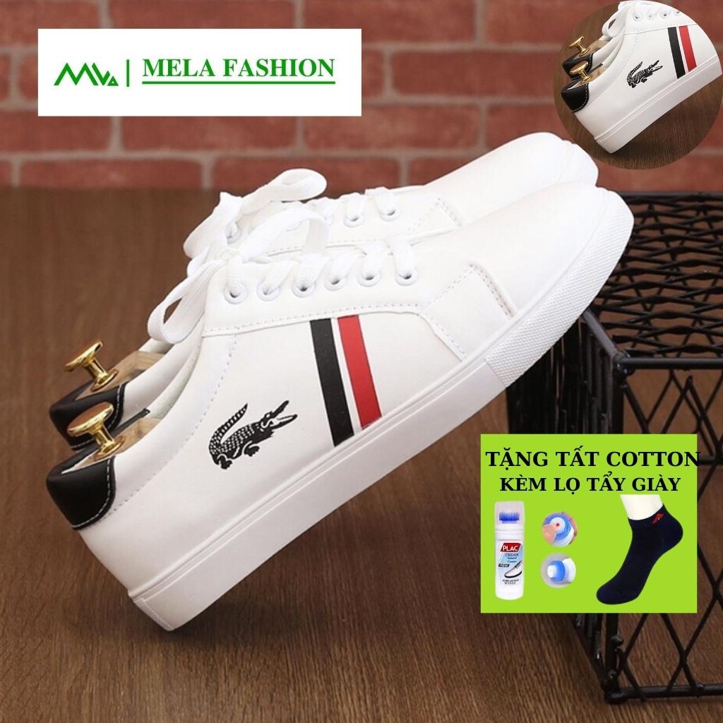 Giày nam thể thao sneaker cao cấp màu trắng trẻ trung năng động phong cách Hàn Quốc in hình cá sấu kẻ 2 sọc đen đỏ đi chơi đi học đi làm Mela Fashion