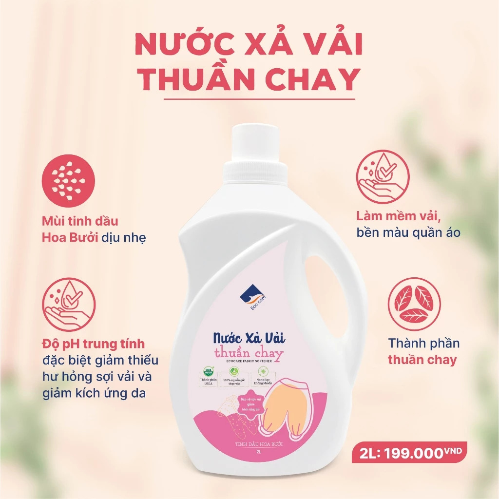 Nước Xả Vải Thuần Chay Hữu Cơ ECOCARE 2L - Hương hoa bưởi, PH cân bằng,  an toàn cho trẻ nhỏ