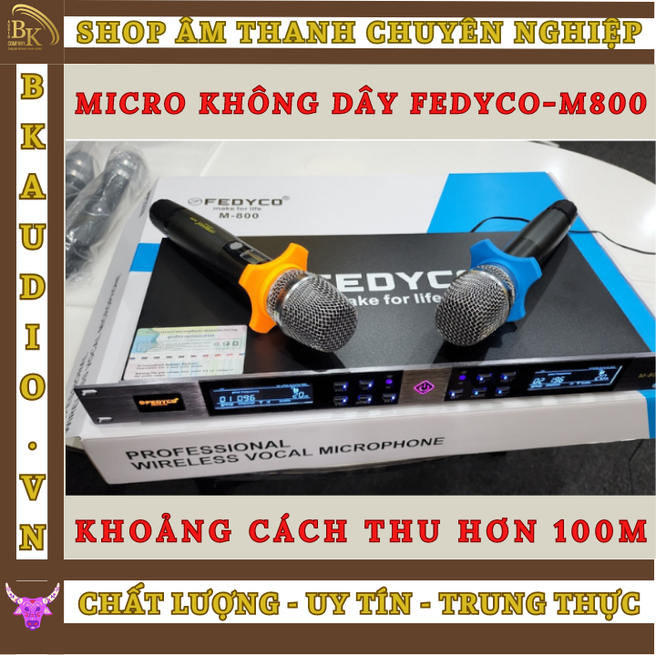 Mic không dây Fedyco M800. Hai tầng số UHF - chống lặp sóng , loại bỏ tạp âm . Mic hút mạnh . tầm hoạt động trên 100m.