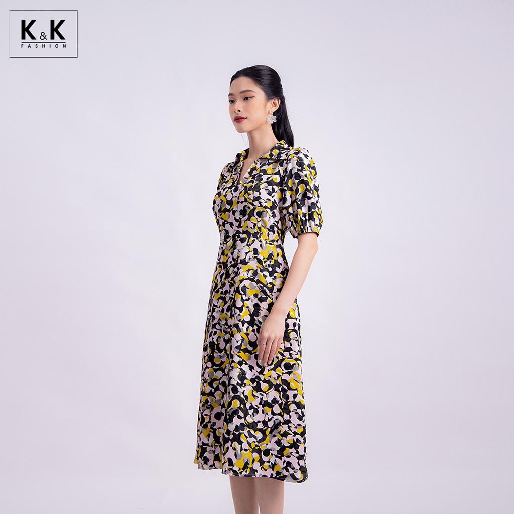 Đầm Xòe Họa Tiết Cổ V Tay Lỡ K&amp;K Fashion KK118-38 Chất Liệu Tằm Ý