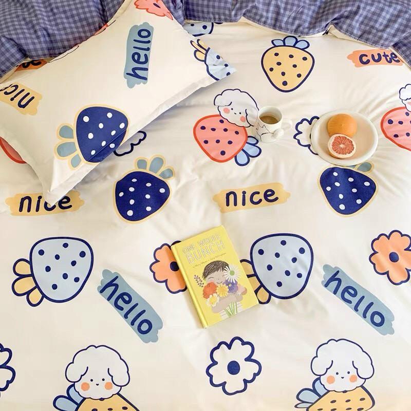 Bộ vỏ chăn ga gối cotton poly M2T bedding dâu chấm bi chăn ga Hàn Quốc đủ size miễn phí bo chun