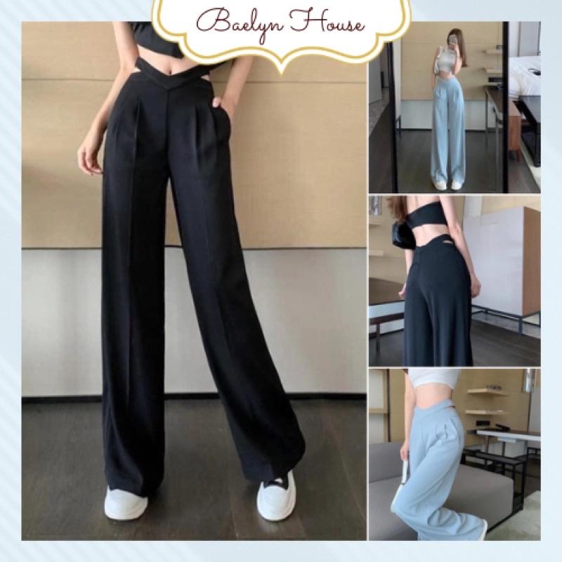 Quần suông ống rộng khuyết eo tôn dáng màu xanh và đen dành cho nữ - Baelyn