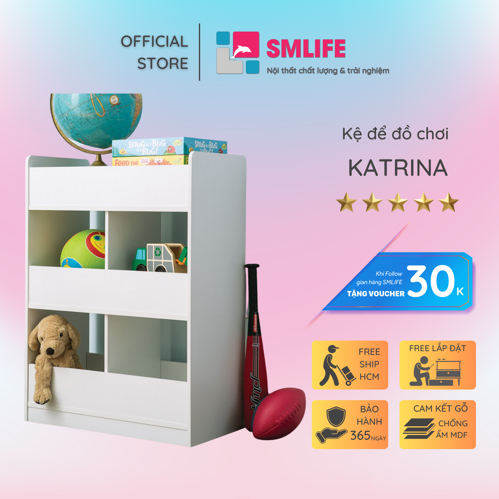 Kệ để đồ chơi cho bé SMLIFE Katrina | Gỗ MDF dày 17mm chống ẩm | D65xR35xC90cm